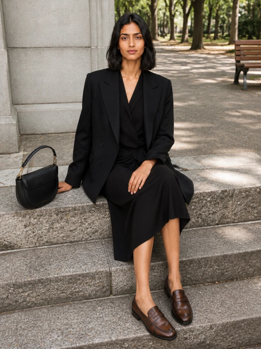 Dries van noten black blazer wrap dress outfit
