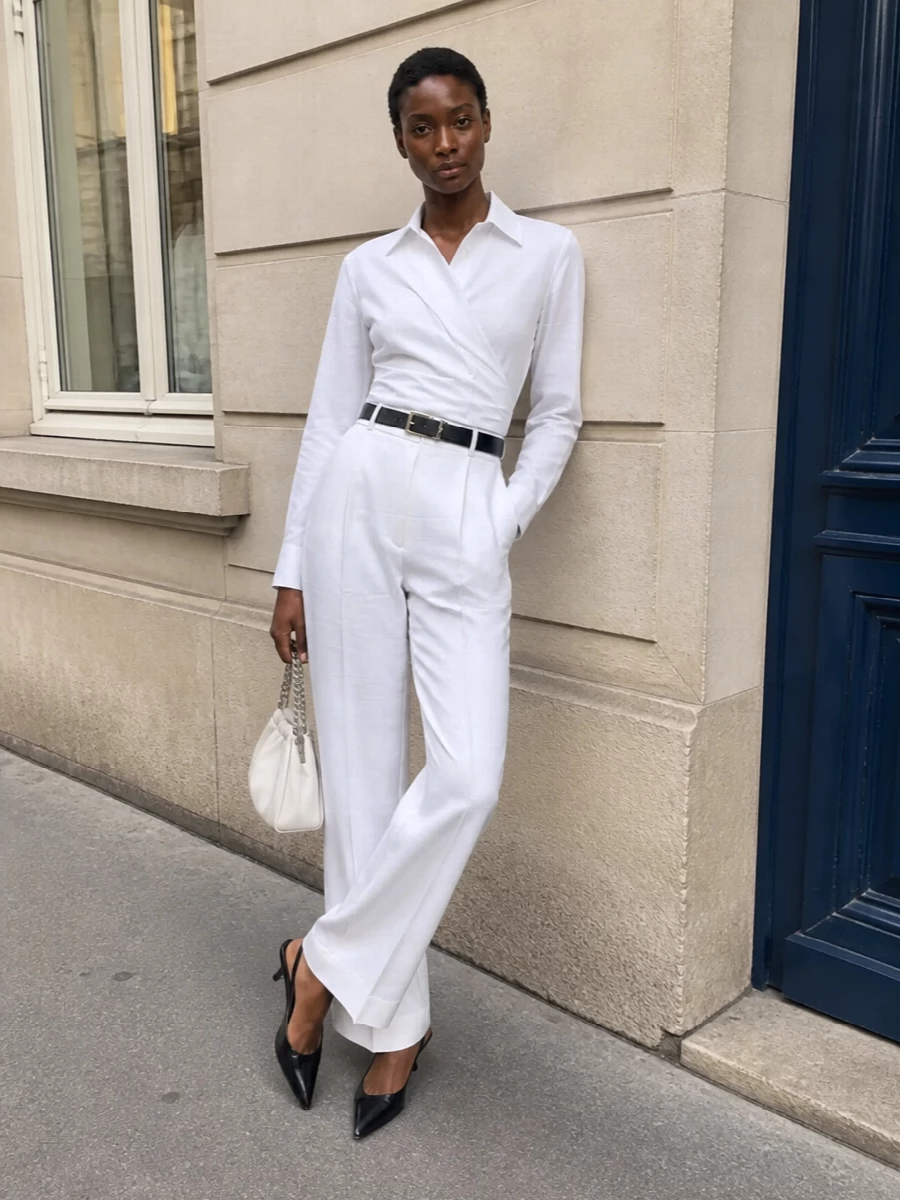 A crisp white Sportmax wrap shirt pairs with high-waisted white wide-leg trousers to create a long, uninterrupted column of modern tailoring. A slim black Saint Laurent belt and Gucci’s pointed black slingbacks add just enough contrast to frame the silhouette, while the compact white Stella McCartney bag keeps the mood minimal and quietly luxurious from desk to dinner.