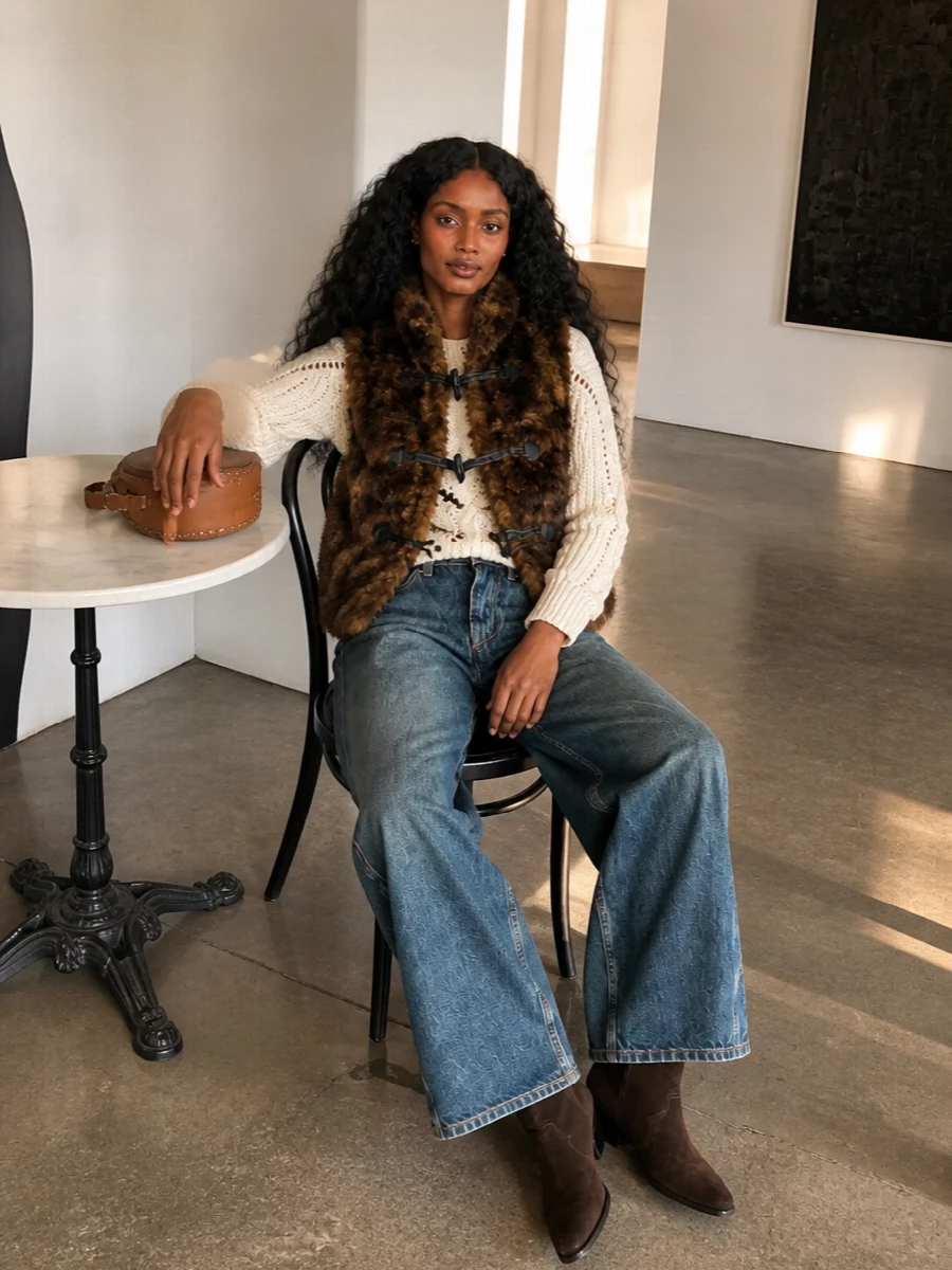 I am building around the gilet with knit plus denim rather than a dress, because the faux fur, wide-leg jean and Western boot combination nails the relaxed streetwear-boho brief in a way a dress would overcomplicate. The cream cable knit brightens the chestnut tones, the slouchy wide-leg denim and suede boots keep it grounded and long, and the cognac saddle bag quietly ties all the warm browns together for a cozy city winter outfit. It feels like Marant at her best: practical, plush and slightly nomadic without losing polish.