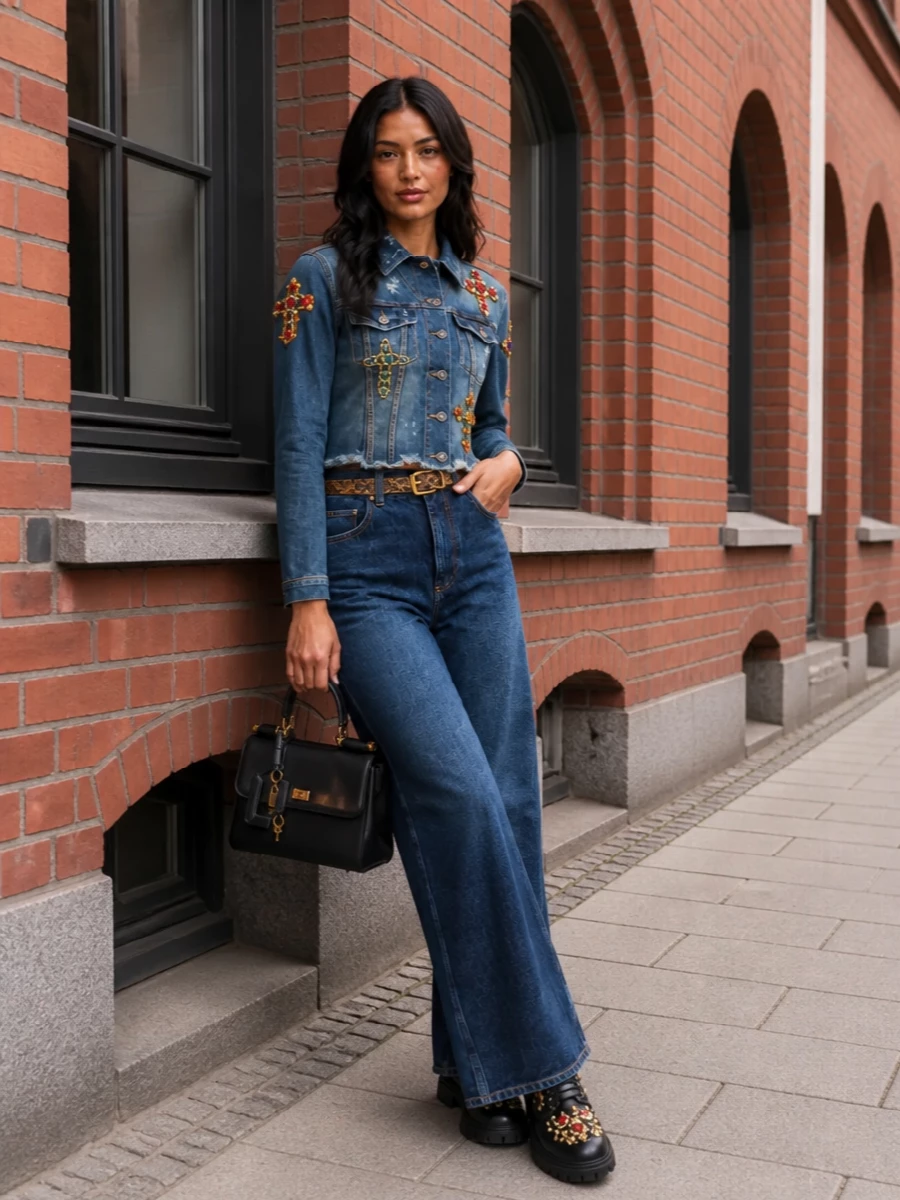 Dolce gabbana jeweled denim jacket wide leg jeans