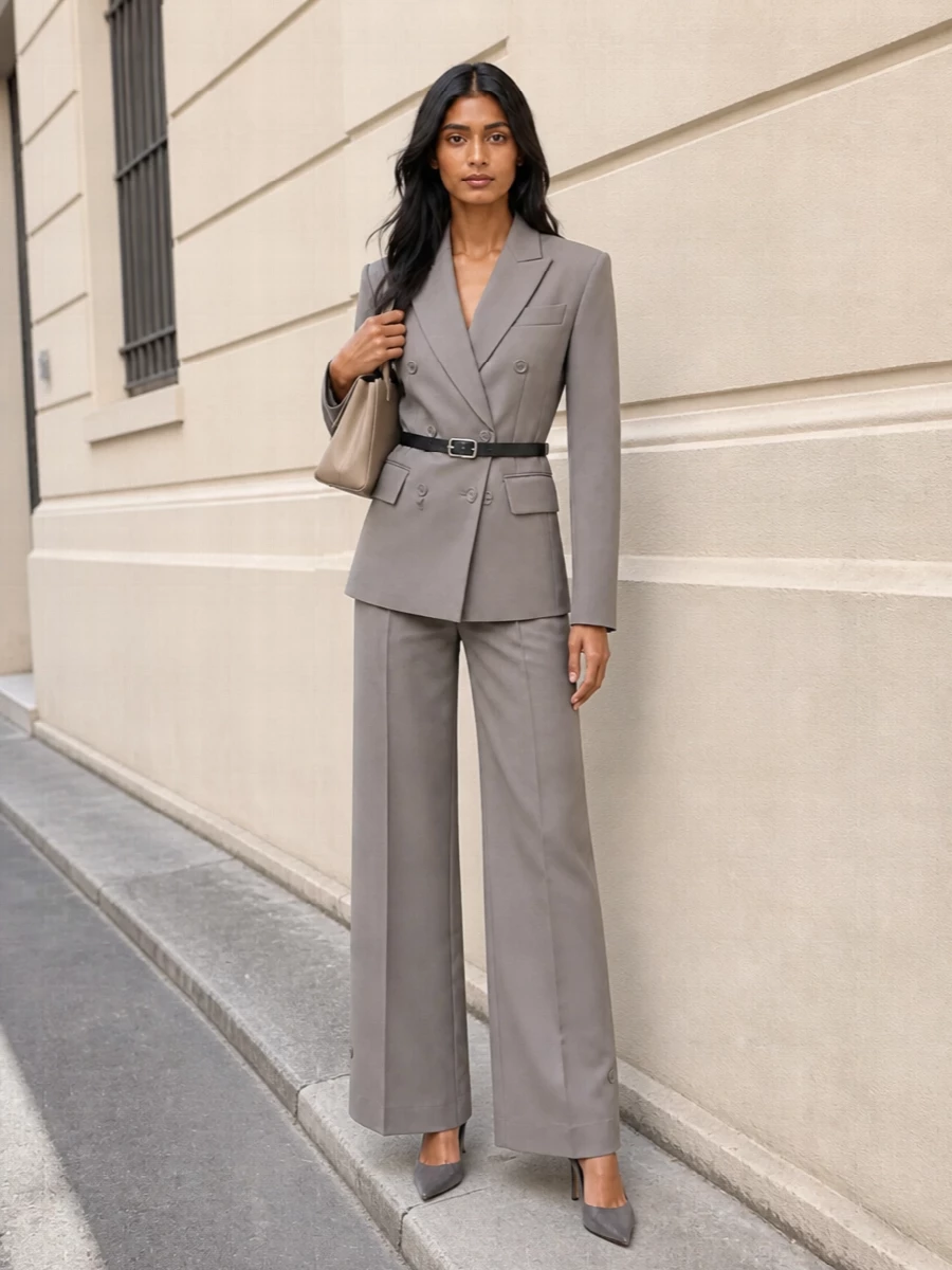 Frankie shop taupe blazer suit grey pumps