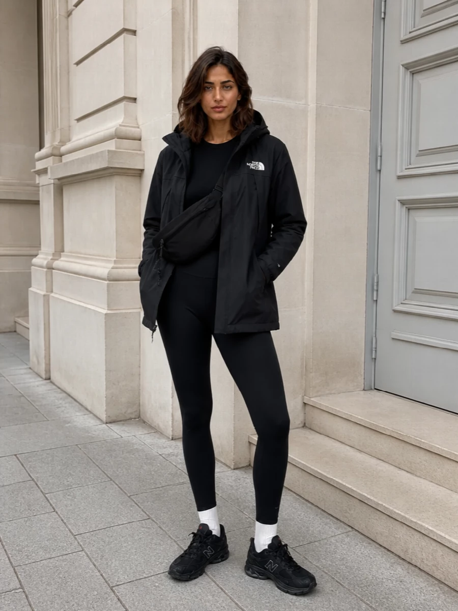 The north face black parka with leggings sneakers