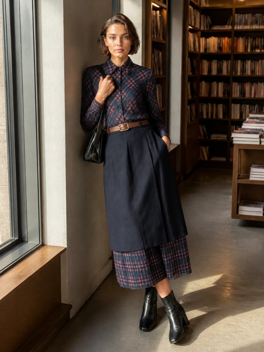 Dries van noten navy midi skirt plaid shirt outfit