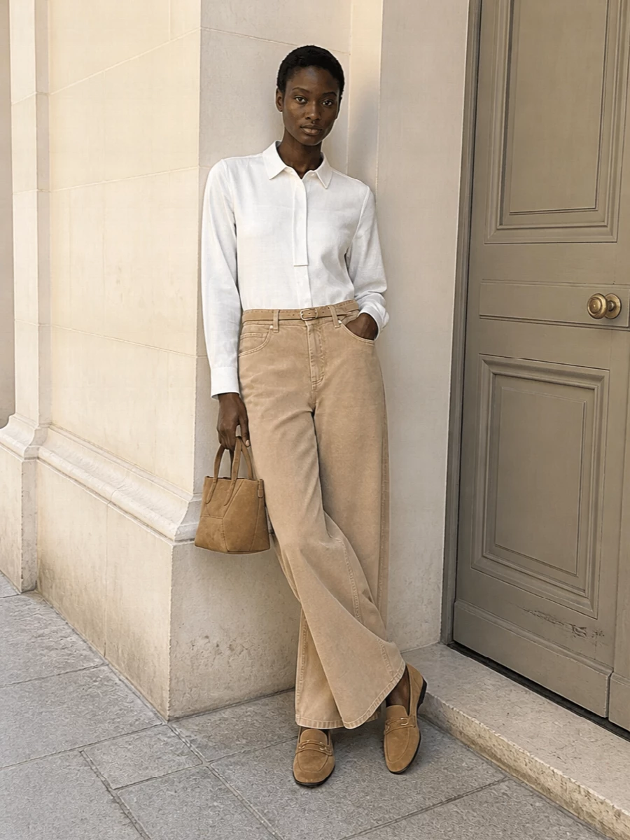 Camel wide-leg trousers are grounded with a crisp white shirt for a quietly immaculate, tonal pairing that feels effortless yet considered. A camel suede loafer and compact suede mini tote echo the warm hues, while the slender metallic belt adds just enough definition to keep the silhouette refined but relaxed for SS days.