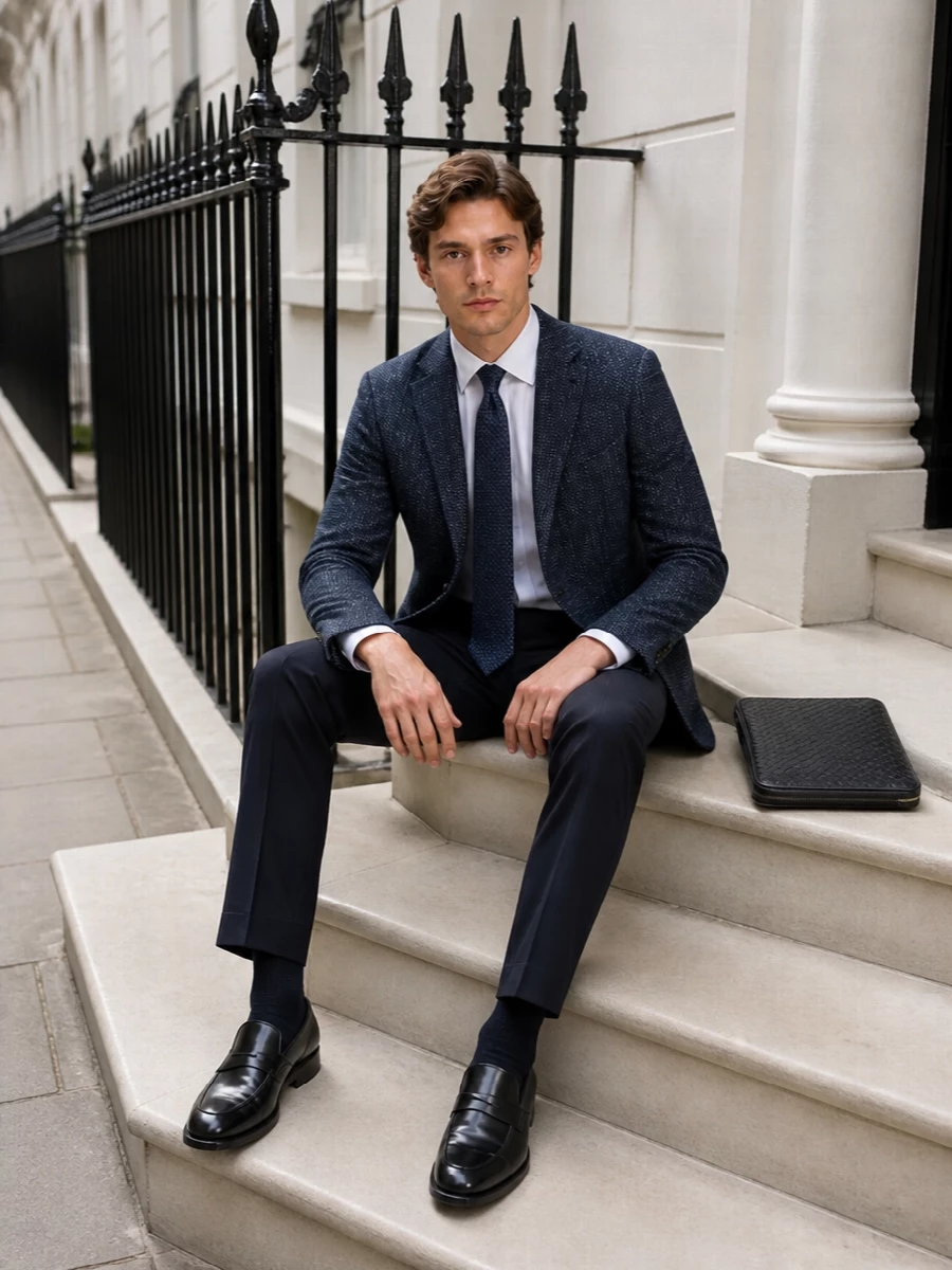 A navy-on-navy tailored story keeps the Pal Zileri tie in its comfort zone, pairing it with a textured Zegna blazer and ink Lardini trousers for a disciplined but relaxed silhouette. Black Tod’s loafers and a slim Bottega portfolio finish the outfit with low-key structure, ideal for city meetings that quietly extend into dinner.