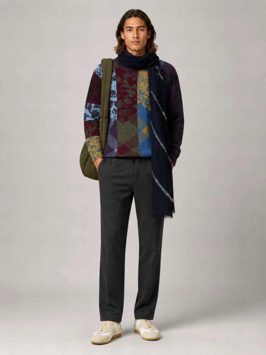 Dries Van Noten Wool Alpaca Patchwork Jacquard Oversized Crewneck Sweater