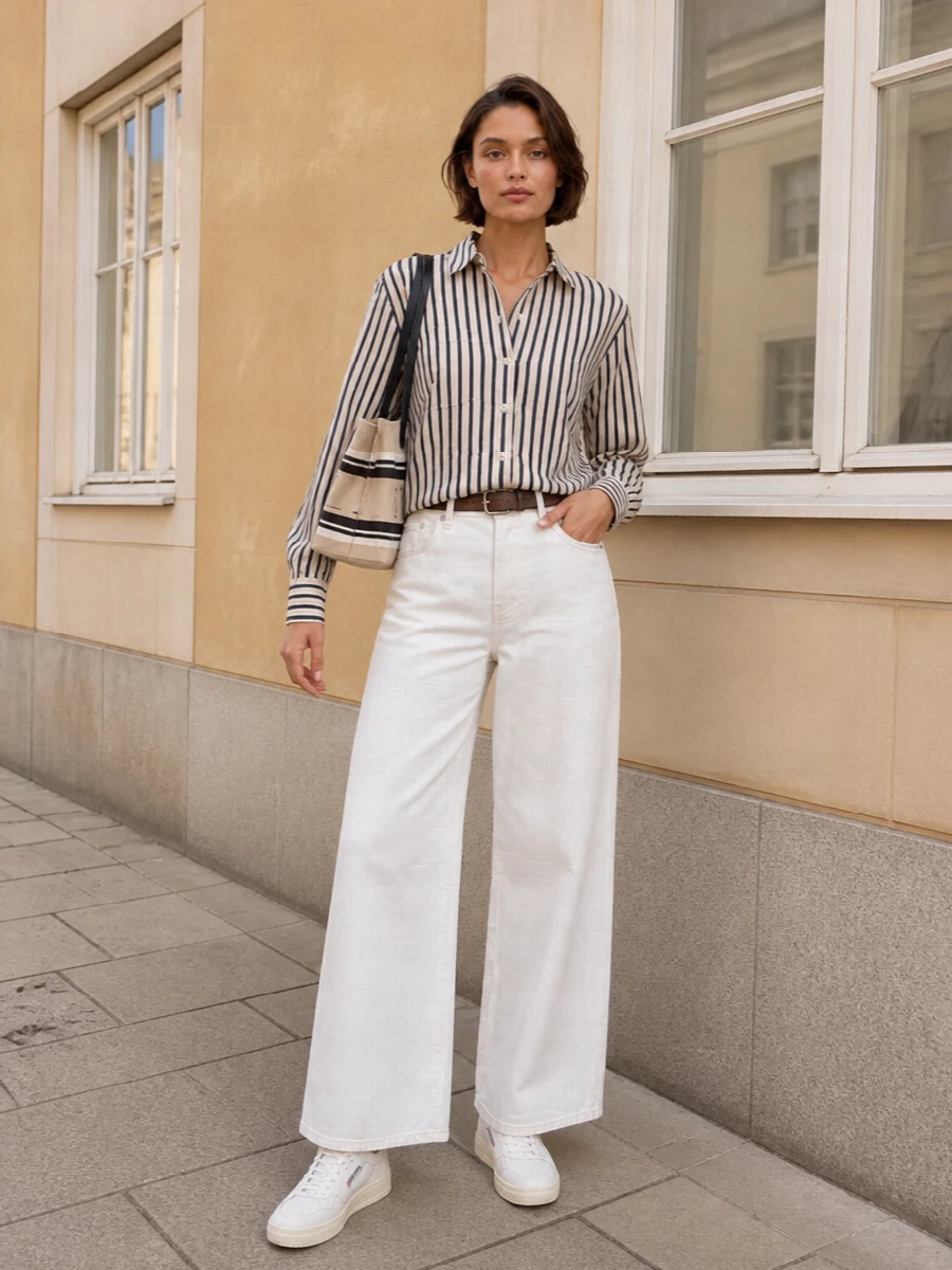 Crisp vertical stripes meet soft white denim for a clean, Scandinavian take on smart casual. The wide-leg trouser balances the cropped shirt, while retro court sneakers keep it relaxed but intentional. A structured striped shoulder bag and quiet leather belt pull the navy and beige palette into one easy, polished outfit.