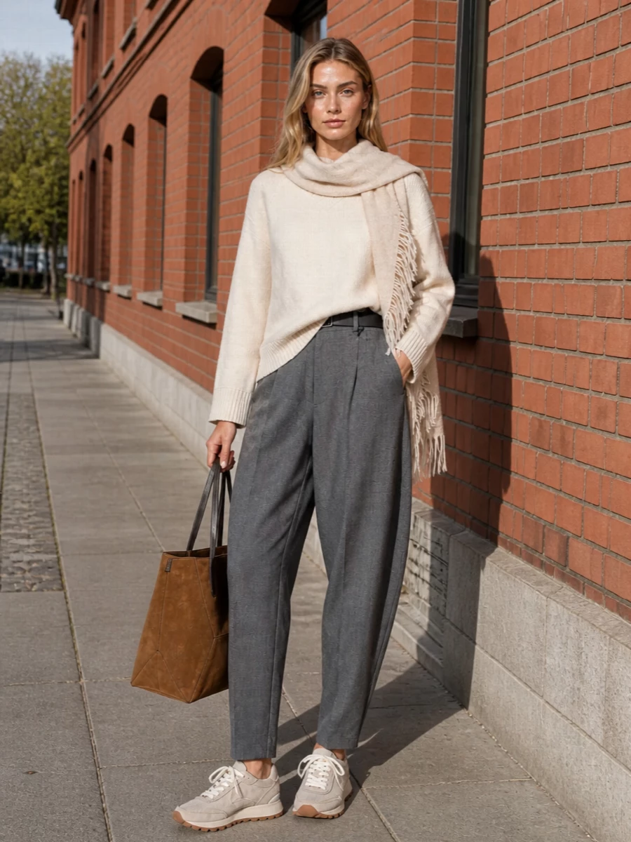 A serene cream Sacai knit sits over sculpted grey tailoring for a modern, architectural take on off duty. Taupe runners and a chestnut suede tote soften the lines, keeping the palette warm, neutral and quietly assured. The oatmeal wrap layers in hushed texture for travel days or slow city weekends without tipping into fussiness.