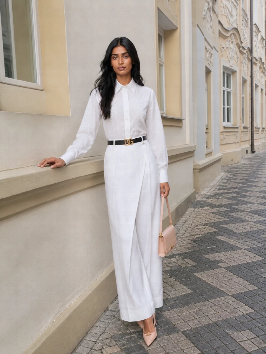 Dolce gabbana white lace shirt wide leg trouser