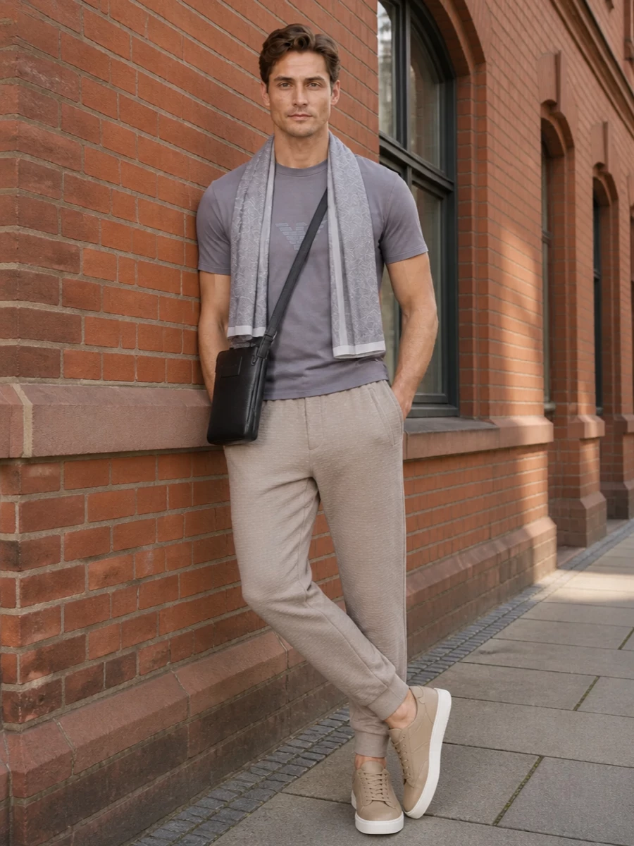 A muted grey tee and taupe jogger create a calm, tonal base that feels relaxed yet considered, with quiet logo details tying the pieces together. Taupe sneakers keep the palette soft and modern, while the slim black crossbody and grey scarf add just enough structure for moving through the city without breaking the minimalist flow.