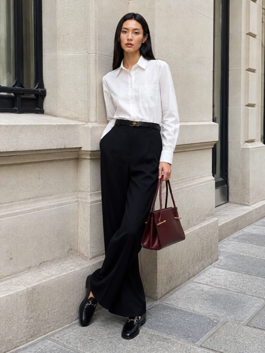 Gucci white shirt wide leg trousers outfit