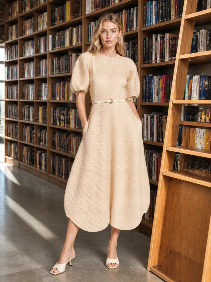 Soft sand pleats take center stage, framed by tonal ivory accents that keep everything in the same quiet, architectural language. A sculptural mule and compact pleated clutch add just enough gold and structure to feel ready for art openings or intimate dinners without distracting from the dress. The optional slim belt is there if you want a touch more definition and jewelry-like detail at the waist.