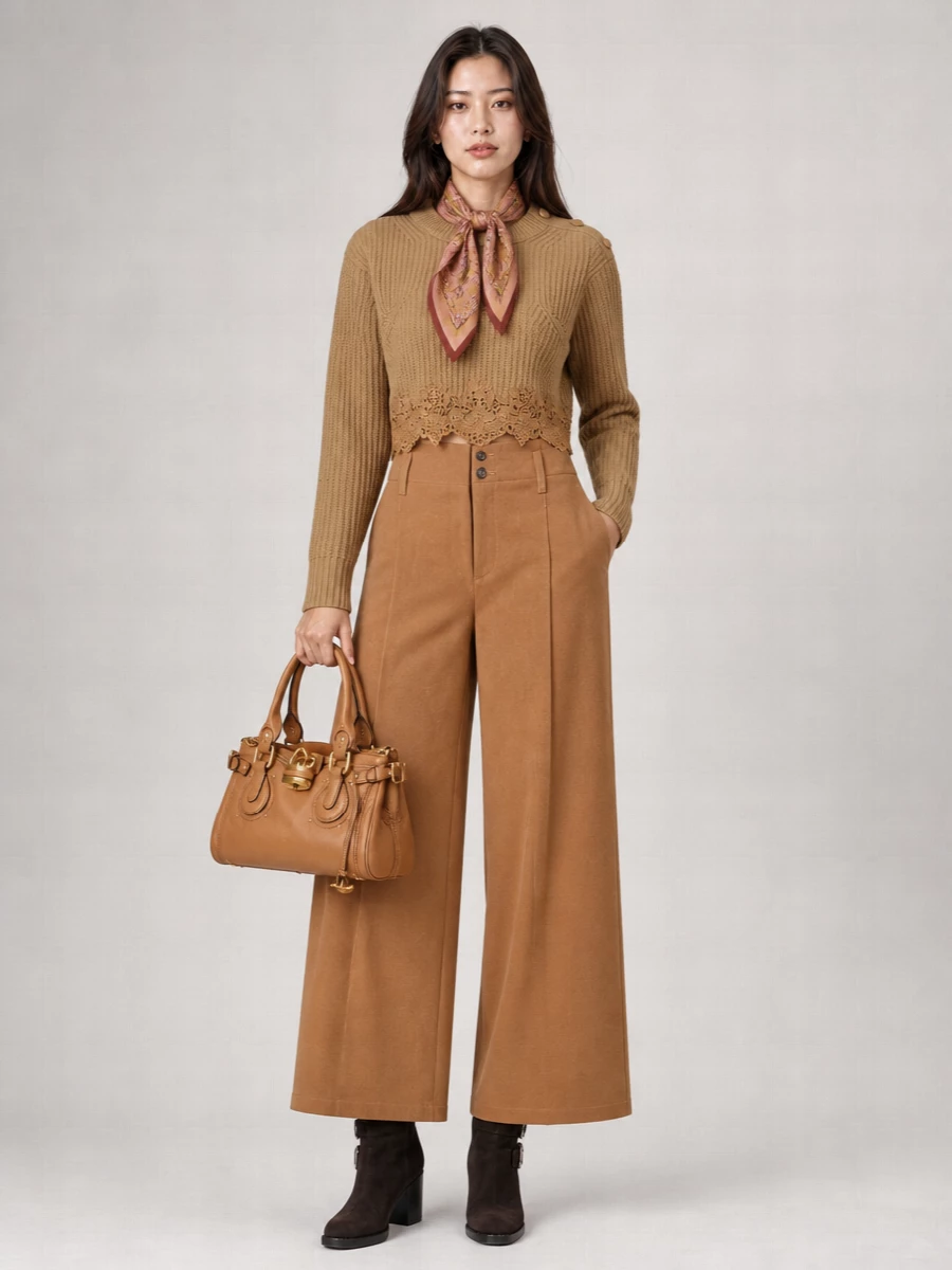 Chloé Cashmere Wool Cropped Ribbed Lace-Trim Sweater
