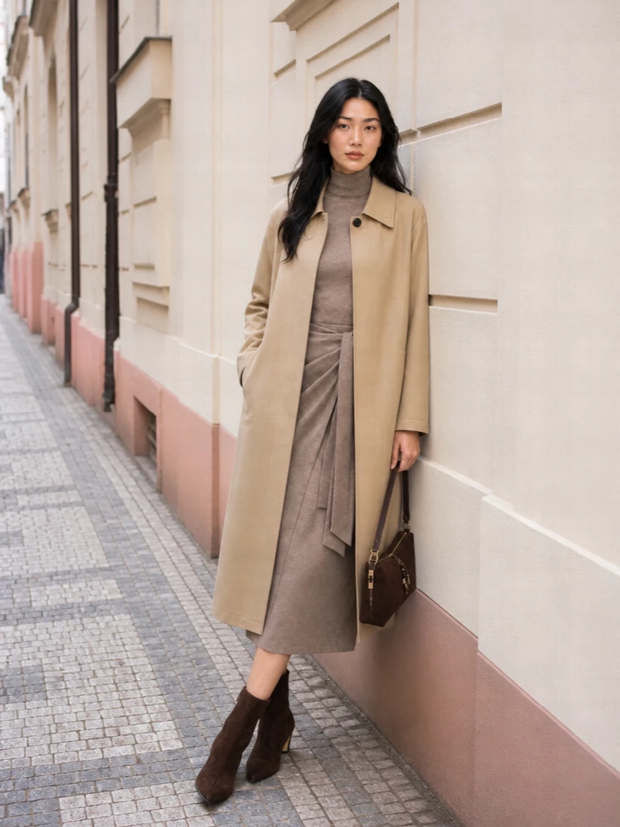Max mara knit midi dress beige coat outfit