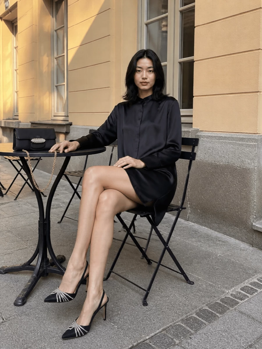 This is a pure evening ensemble built around sculptural black and jewel-like sparkle. The Loewe draped satin mini shift and crystal-strapped Aquazzura pumps echo the Jimmy Choo clutch’s refined shimmer, keeping everything in a tight, cinematic palette. I chose the dress path over separates to maintain a clean, uninterrupted column that feels modern and quietly dramatic rather than styled in pieces.