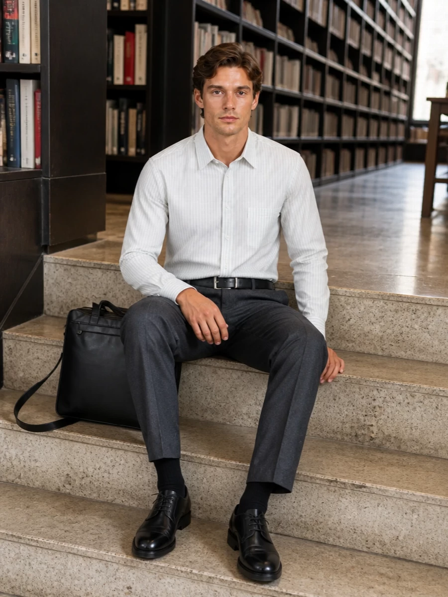 Celine striped shirt charcoal trousers derbies