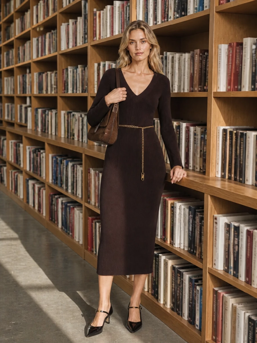 I’ve built this around the ribbed chocolate midi dress to echo the bag’s rich browns and create a long, uninterrupted column of knit that feels quietly confident for dinners or city evenings. The kitten-heel slingback keeps the outfit sharp but wearable, letting the suede shoulder bag read as the soft, structured focal point. Choosing the dress path over separates keeps the silhouette cleaner and more intentionally minimal, in line with the bag’s understated Italian attitude.