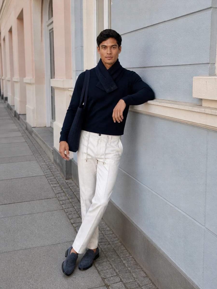 Eleventy navy sweater off white trousers outfit