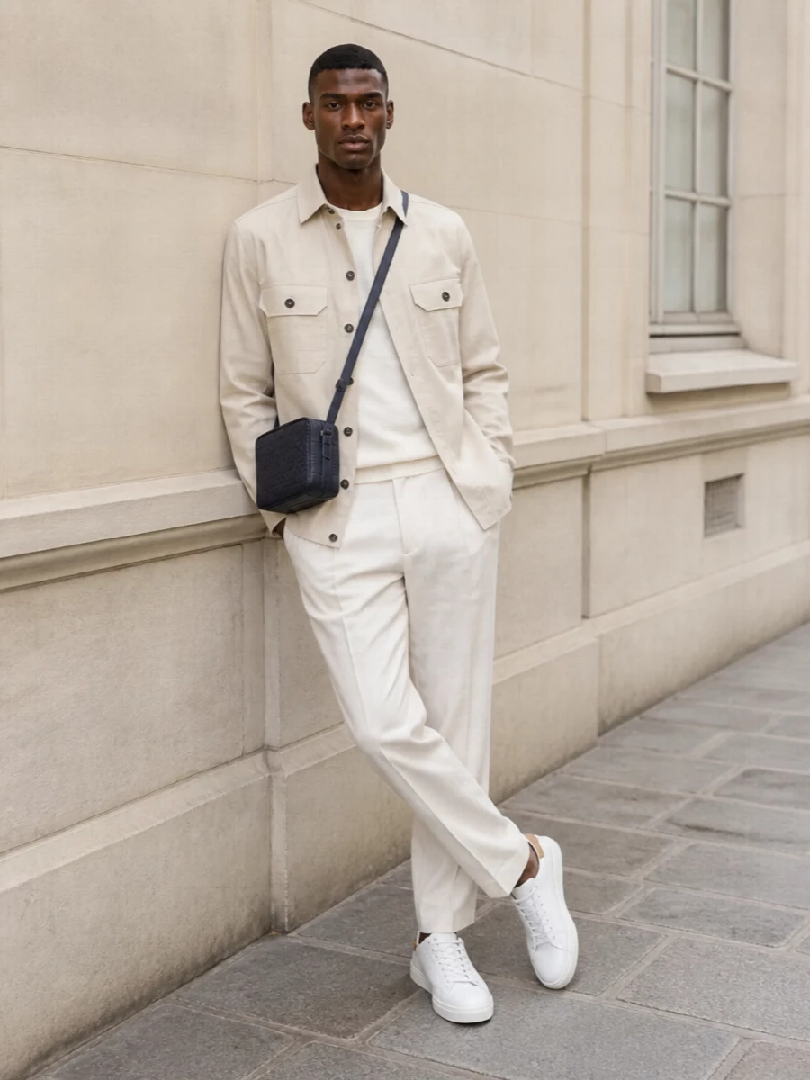 Zegna shirt jacket ivory trousers quiet luxury