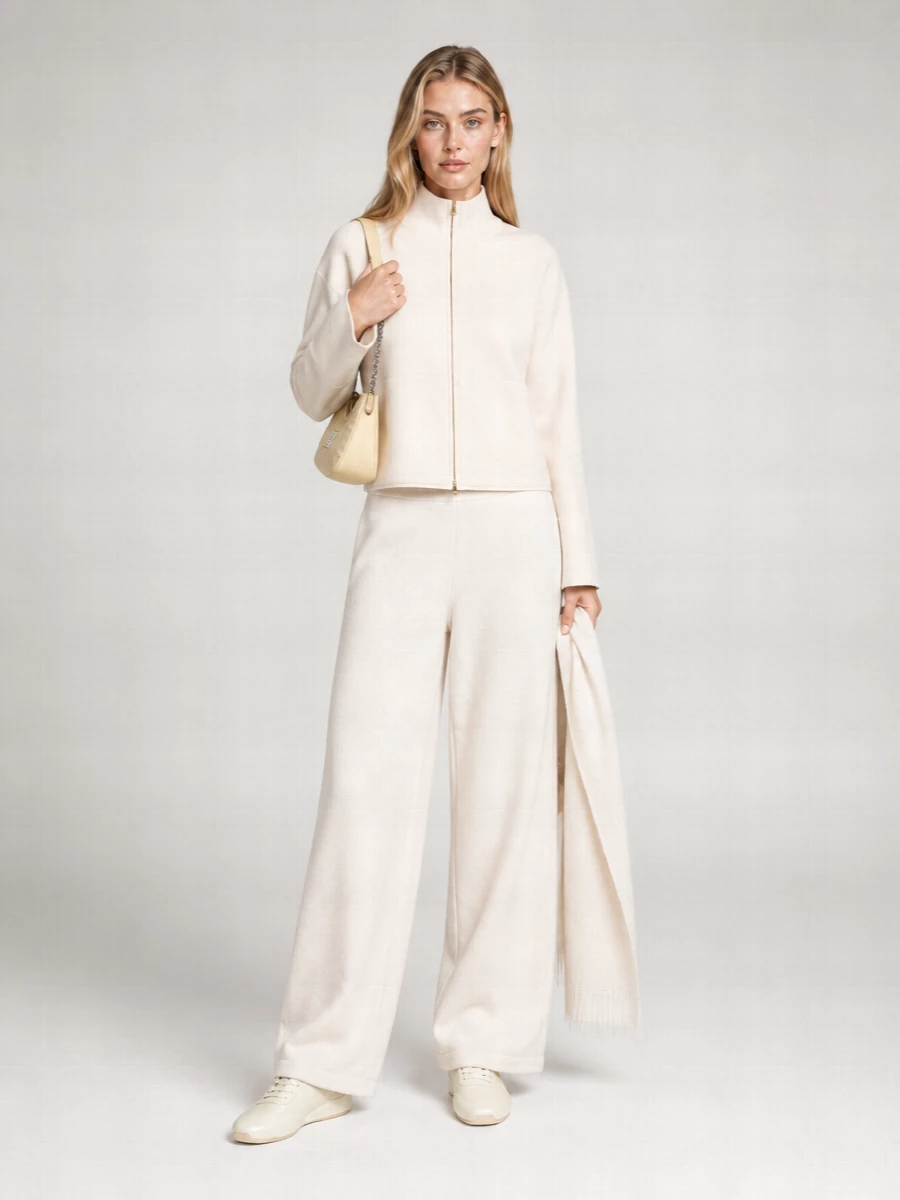 An ivory Max Mara zip sweatshirt meets a softly structured high-rise wide-leg trouser in the same calm spectrum for a head-to-toe neutral uniform. Sleek ivory sneakers keep the mood relaxed yet considered, while a butter beige crescent bag and a gauzy ivory wrap add just enough texture for quiet interest without disturbing the clean lines.