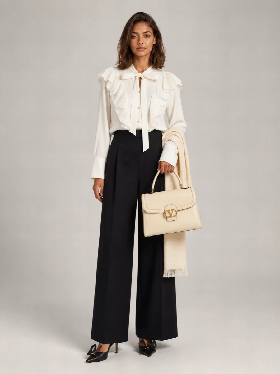 Alberta Ferretti Cotton Pleated Ruffle Long-Sleeve Blouse