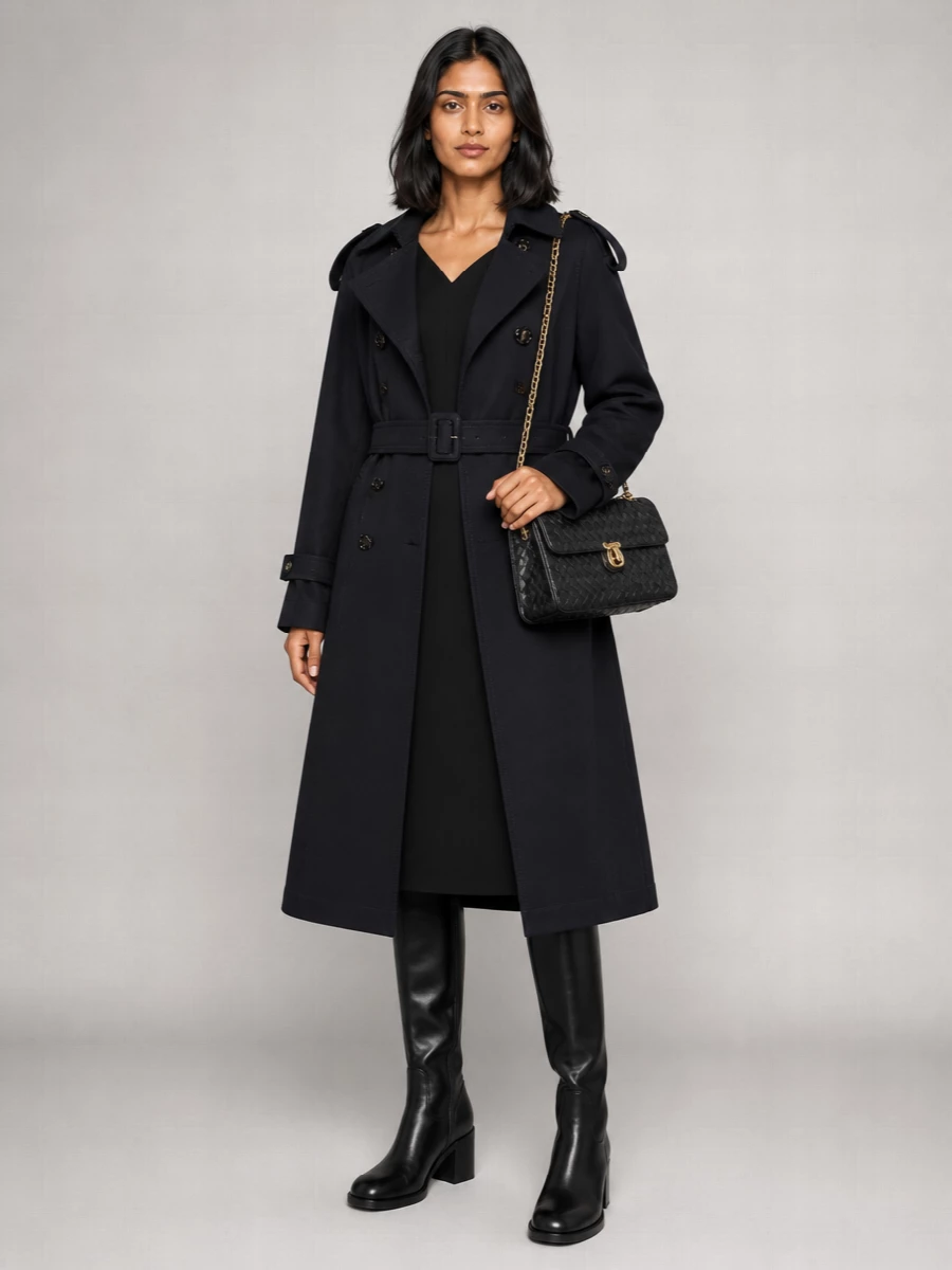 Here the trench stays dominant, with a sculpted black dress underneath that mirrors its clean, controlled drama rather than competing with it. Knee-high boots and a compact intrecciato shoulder bag extend the dark, elongated line, giving a quietly assertive city ensemble that is boardroom-adjacent but truly made for evening. I chose the dress route over tailoring separates to keep the silhouette concise and uninterrupted under the long coat, which preserves the trench’s architectural presence.