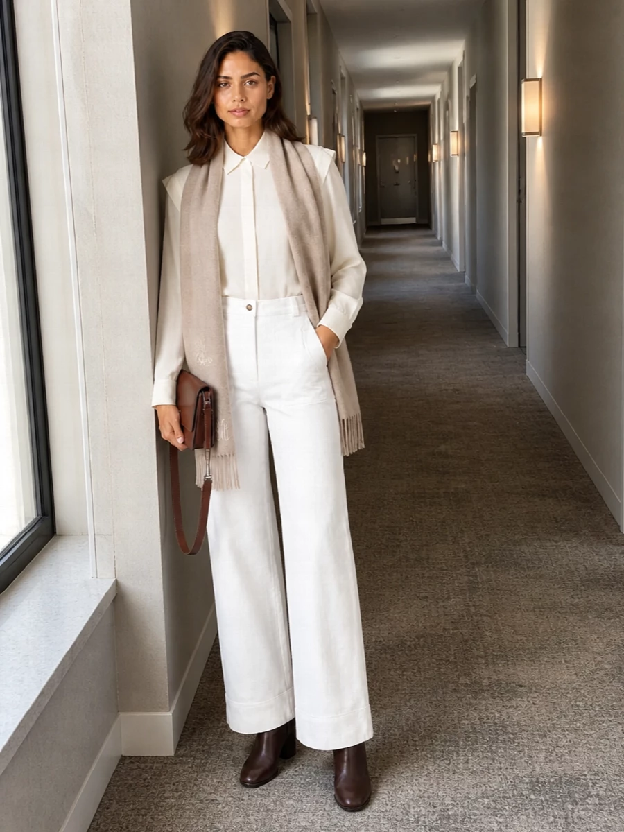 Max mara white wide leg jeans ivory shirt outfit