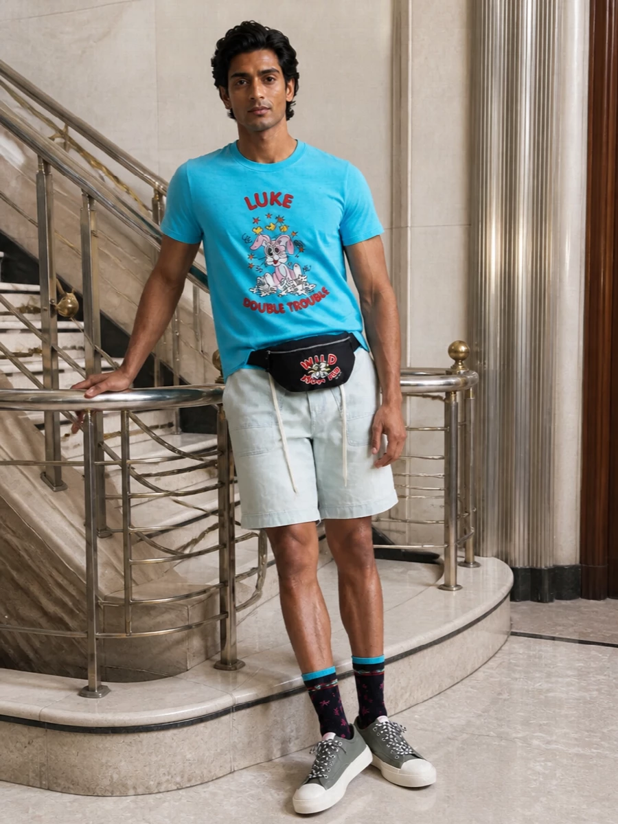 A bright cyan graphic tee and washed ice-blue shorts lean fully into playful, preppy streetwear for warm days. Sage canvas sneakers and a cartooned belt bag keep the energy fun but considered, with patterned socks offering one last pop of colour peeking from the hem. It is light, graphic and easy for city wandering or weekend hangs.