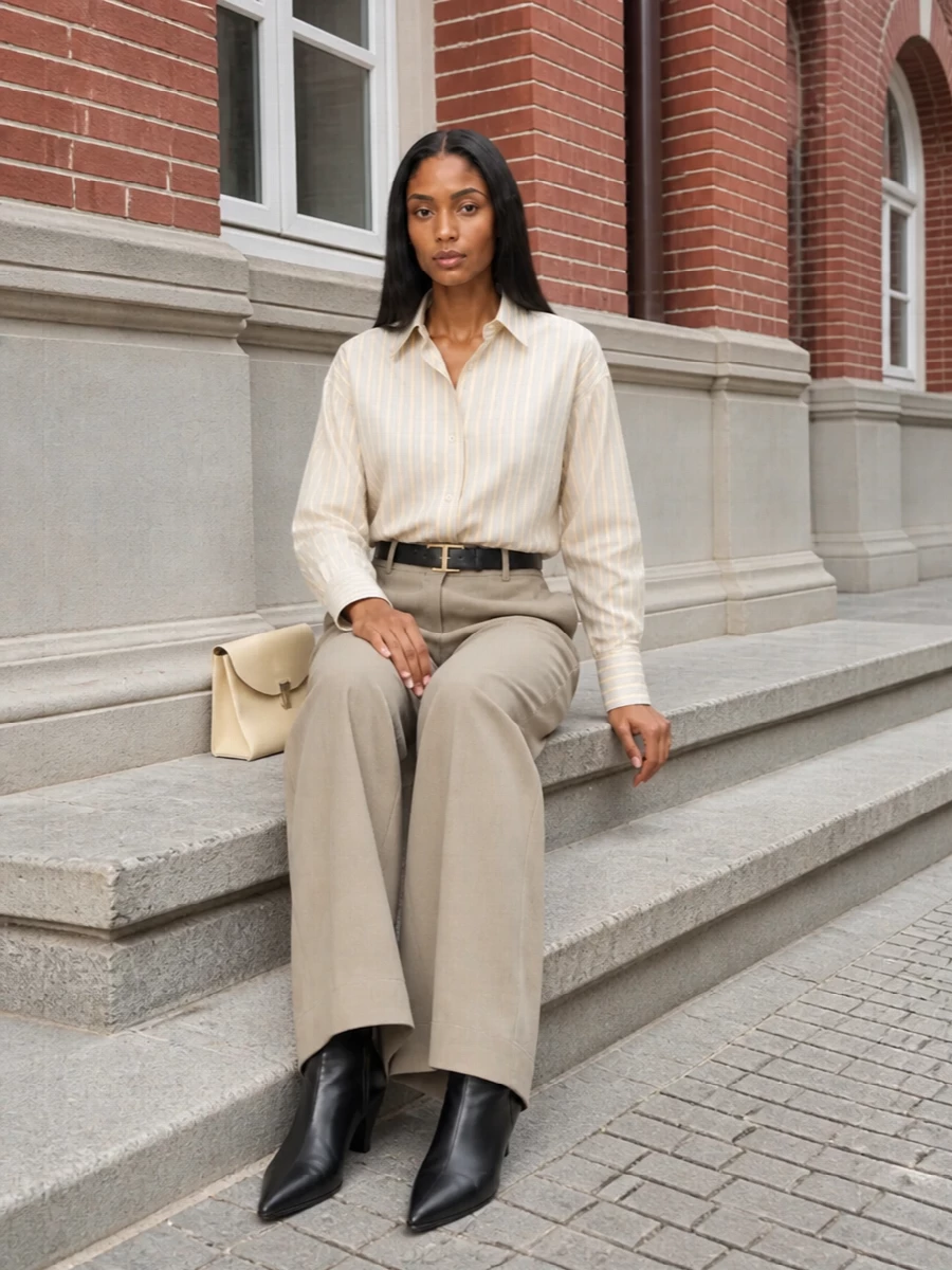Toteme striped shirt camel wide leg trousers