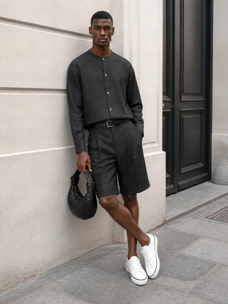 Charcoal mandarin collar shirt pleated shorts outfit