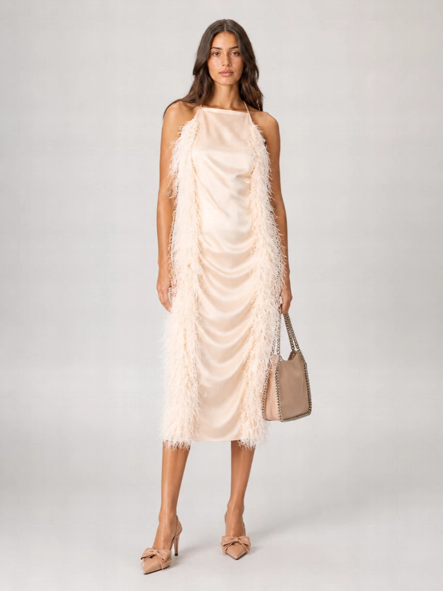 Sportmax Feather-Detail Draped Halterneck Viscose Midi Dress