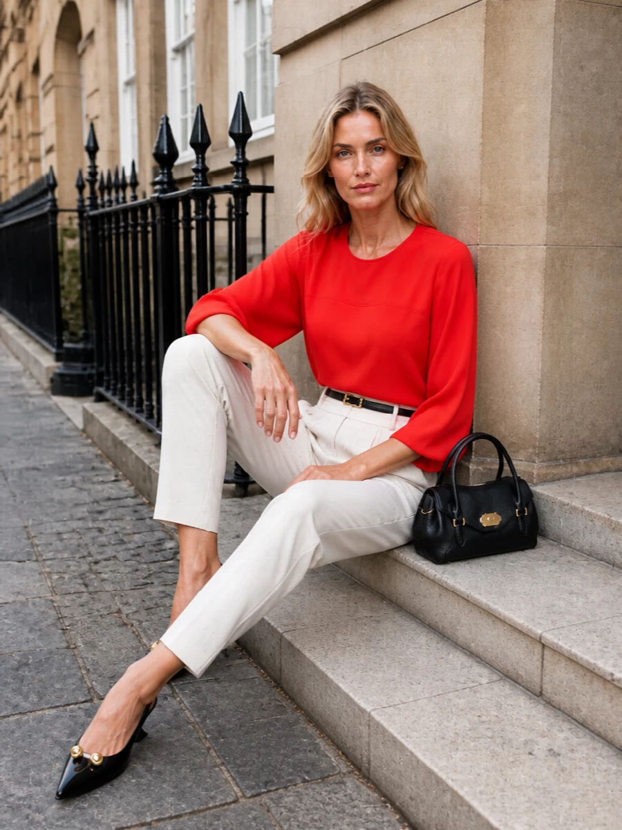 Lanvin red blouse ivory tailored trousers outfit