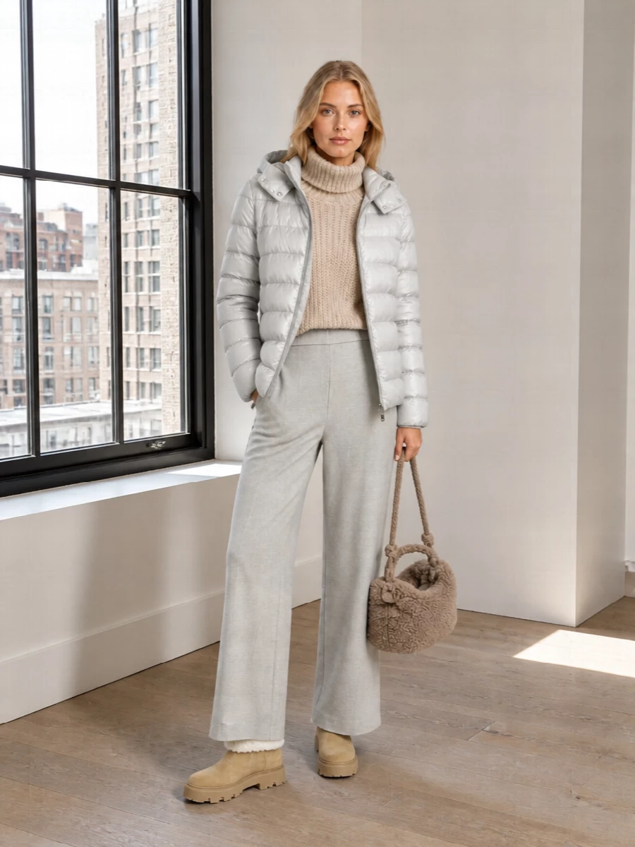 Herno puffer wide leg trousers knit outfit