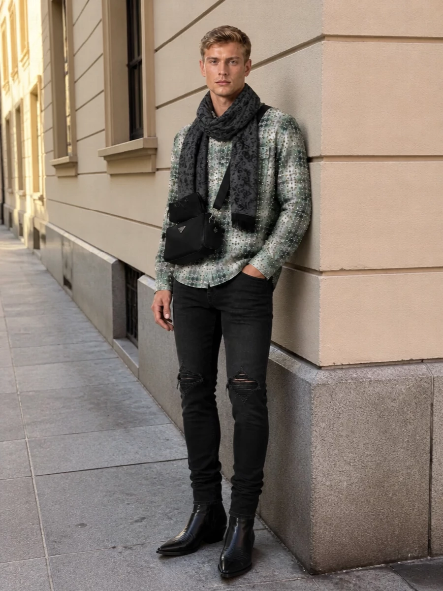 Amiri studded plaid shirt black skinny jeans outfit