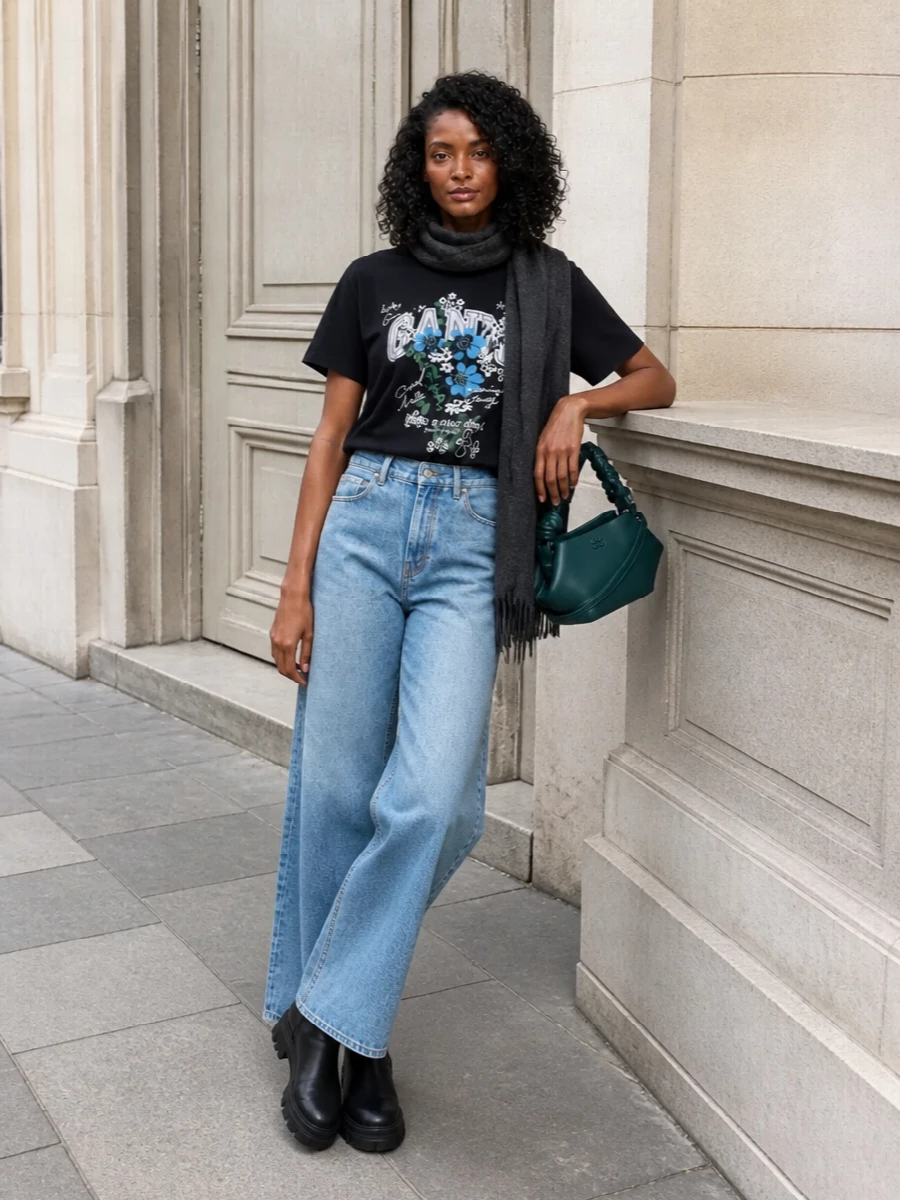 Ganni graphic tee wide leg jeans chunky boots