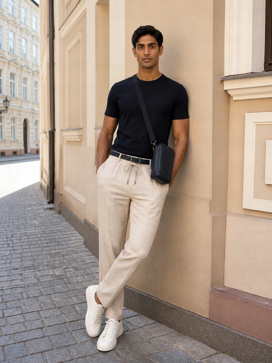 Deep navy and soft beige create a calm, intelligent palette, letting the Kiton tee and drawstring trouser read as considered rather than casual. Cream leather sneakers and the navy intrecciato crossbody keep everything quietly premium, ideal for city days that blur into unplanned dinners. A woven navy belt adds just enough structure at the waist without disturbing the relaxed line.
