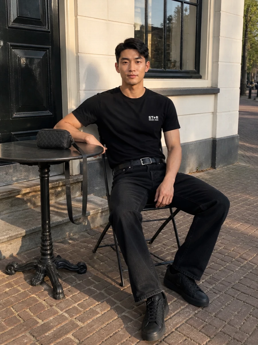 Golden goose black tee washed black jeans outfit