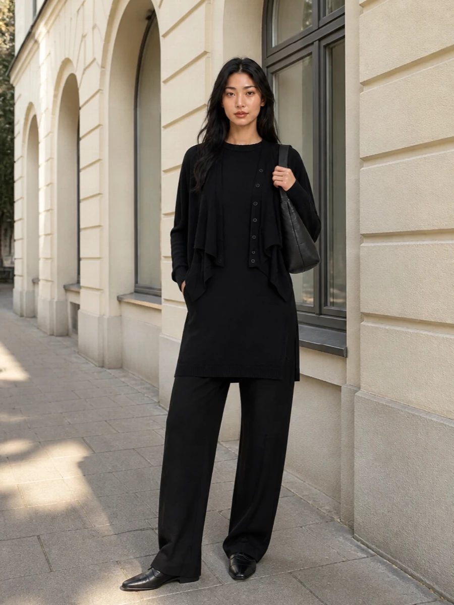 Lemaire black knit dress cardigan outfit