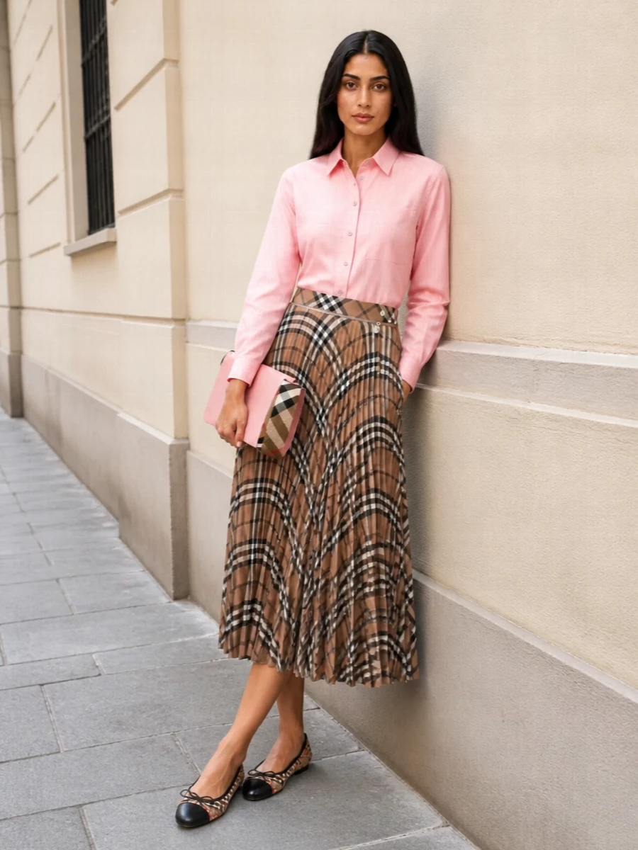 Burberry pink shirt check midi skirt outfit