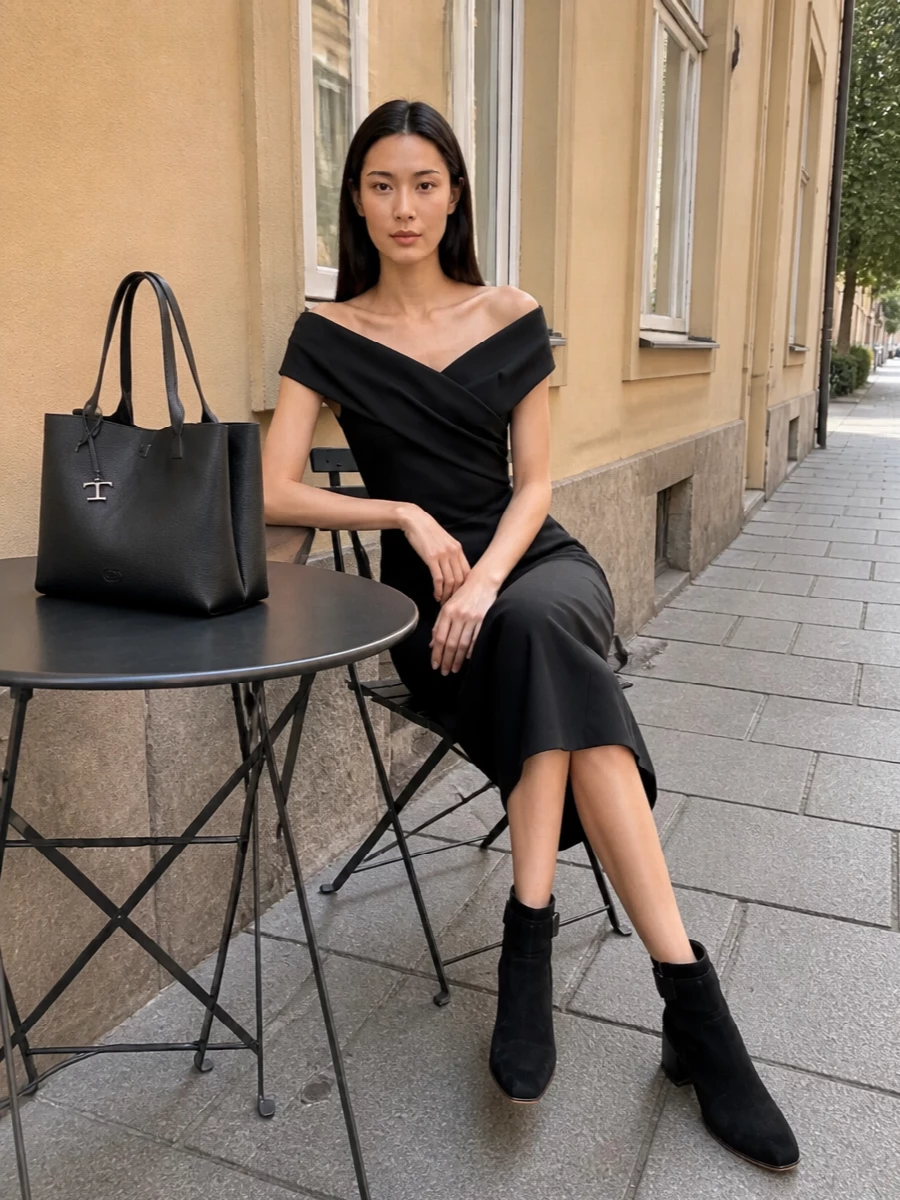 A sculpted off-shoulder black sheath and the structured Tod’s tote create a quietly powerful evening ensemble with clean, uninterrupted lines. The low block-heel ankle boot keeps the mood polished yet walkable, letting the dress and bag carry the refinement. Choosing the dress path over separates preserves a pure column silhouette that best matches the tote’s architectural minimalism for dinners, gallery events, and discreetly formal nights out.