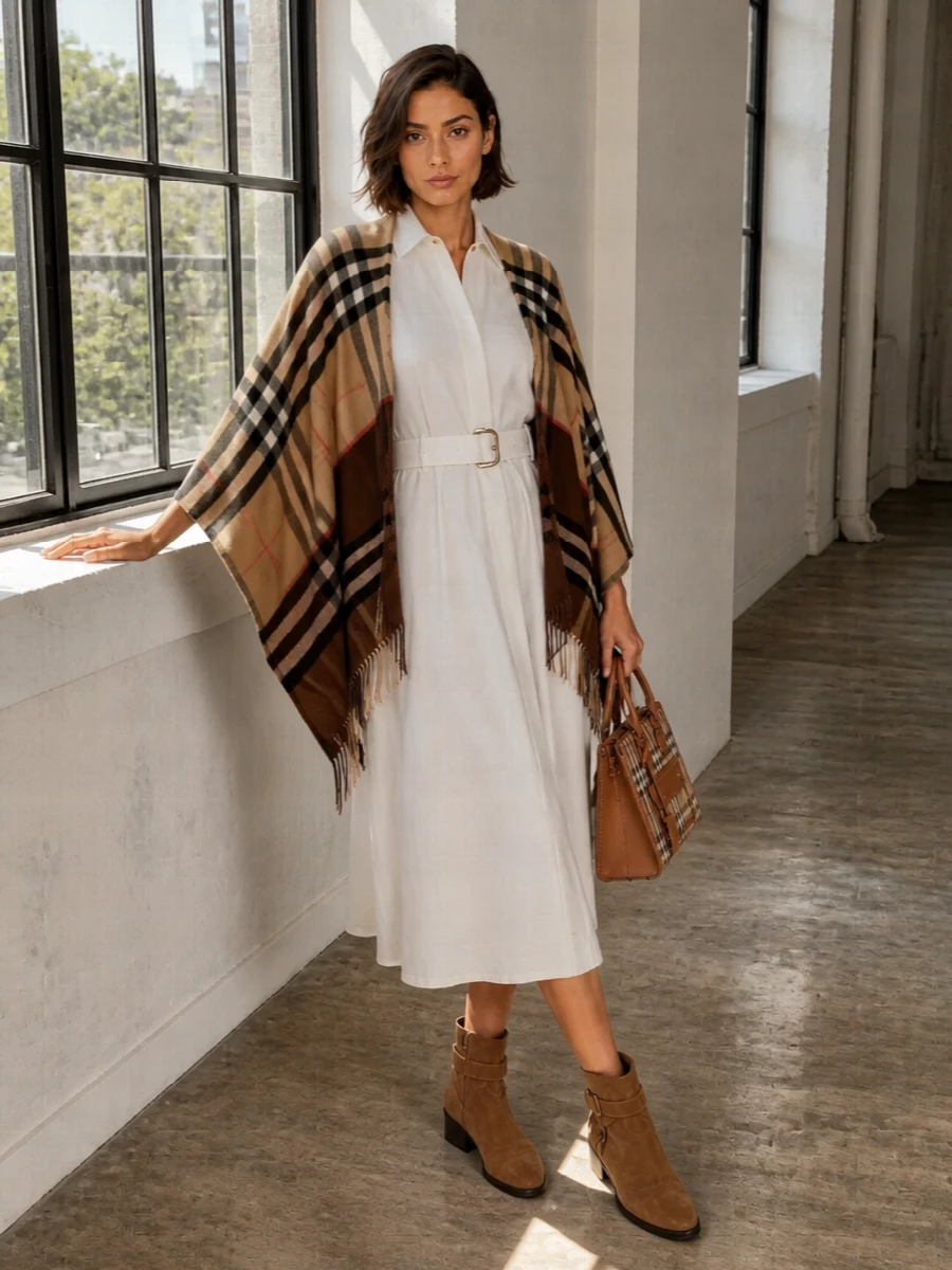 Burberry cape ivory shirt dress suede boots