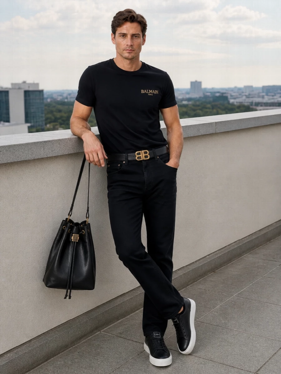Balmain black logo tee black trousers outfit