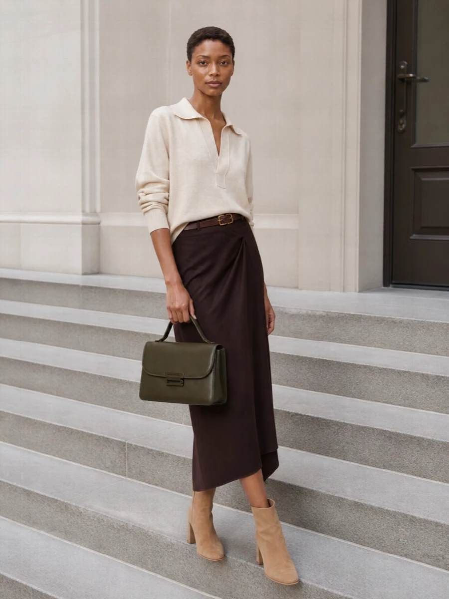 Victoria beckham collared sweater chocolate midi skirt