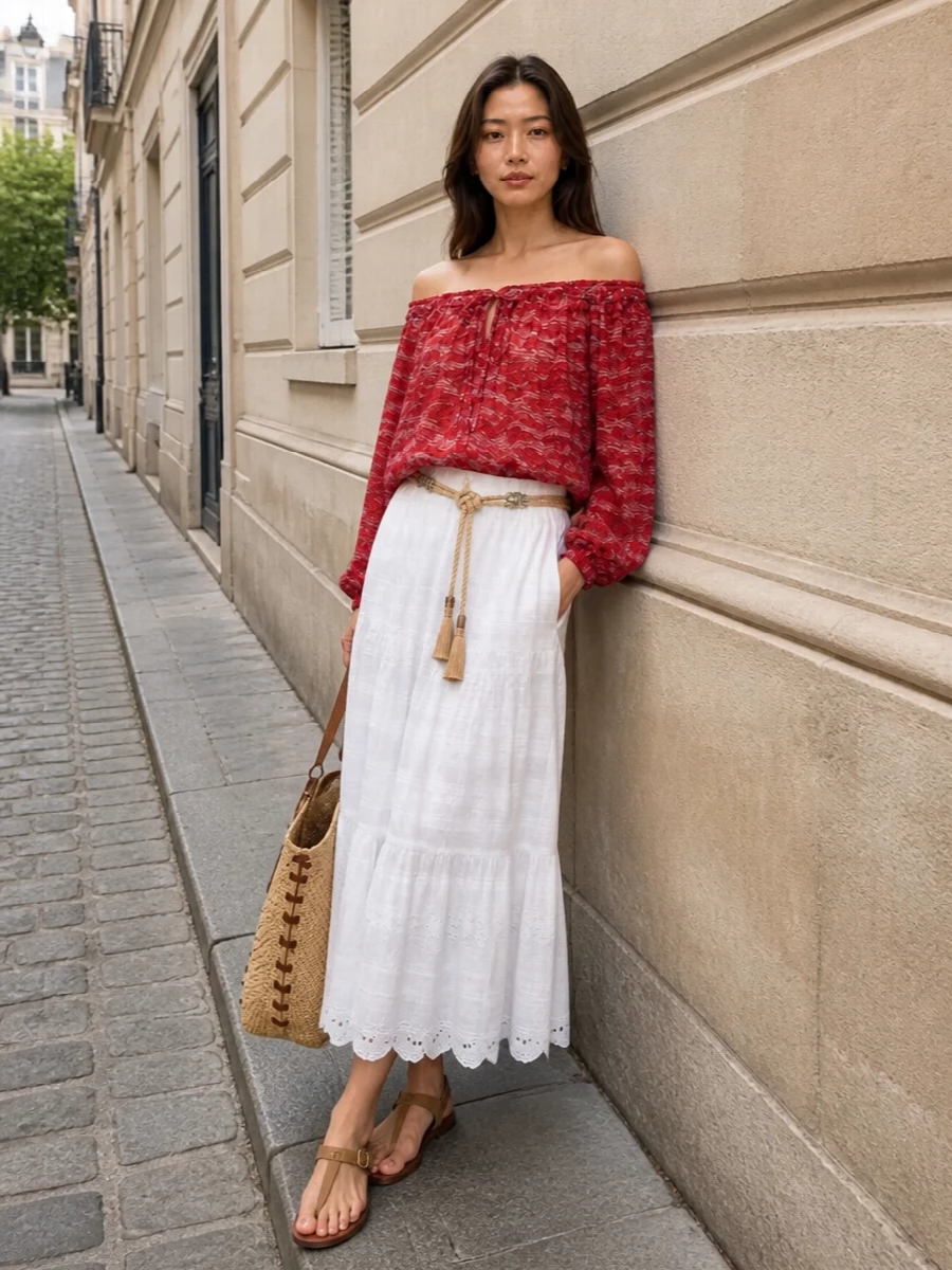 Isabel marant red blouse white midi boho outfit
