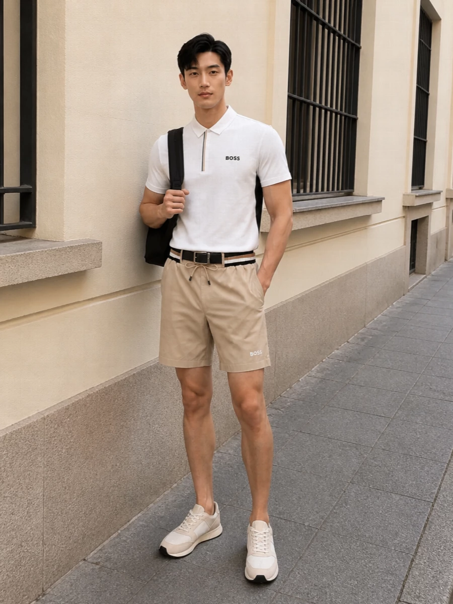 Boss polo sand shorts white sneakers outfit