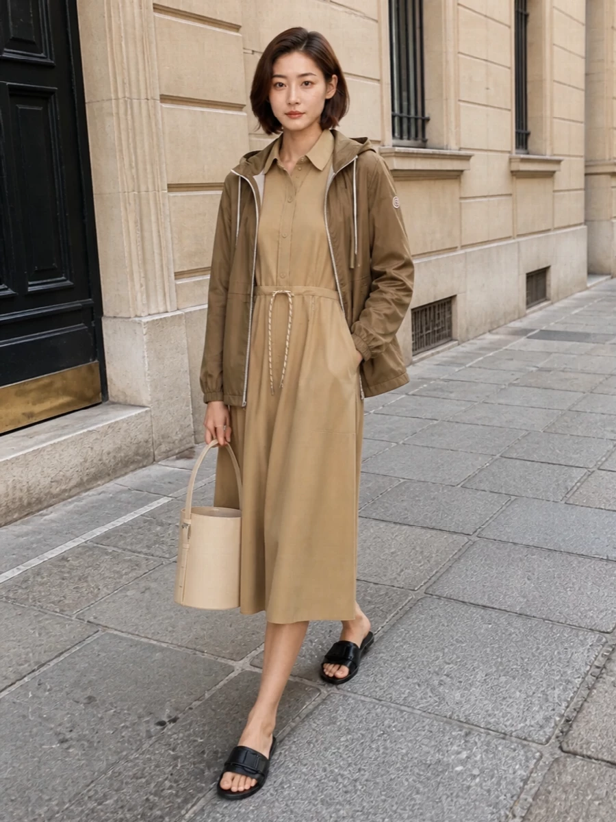This look leans into a polished utility narrative: the khaki Moncler parka layered over the camel shirt dress for a tonal, sport-luxe city outfit that still feels airy for SS. Black-and-cream slides keep it relaxed yet intentional, while the buttercream bucket bag adds structured quiet luxury and subtly brightens the earth-toned palette. The result is an effortless, travel-ready uniform that moves from daytime errands to casual dinners with ease.