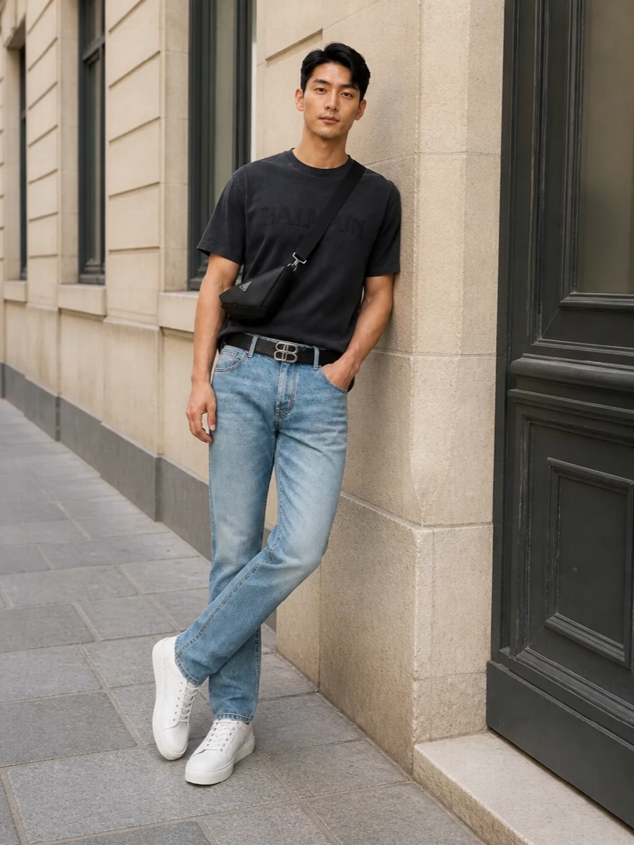 Balmain denim jeans logo t shirt sneakers