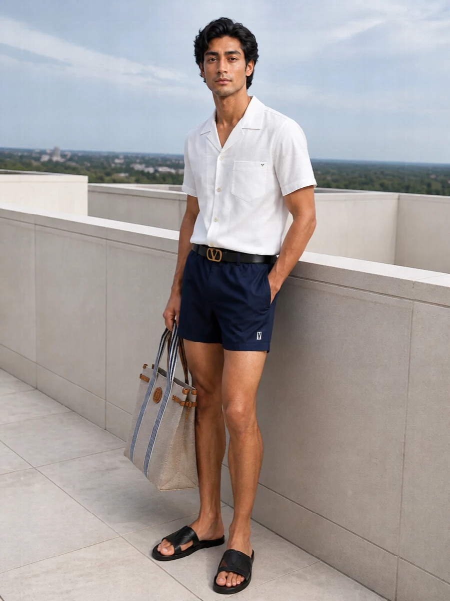 Valentino navy swim shorts white camp shirt outfit