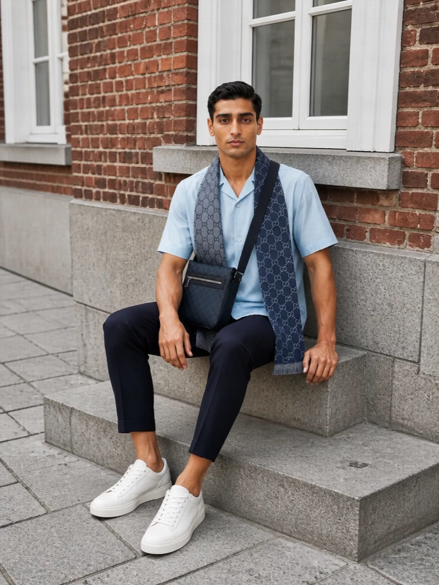 Gucci sky blue shirt navy cropped trousers outfit