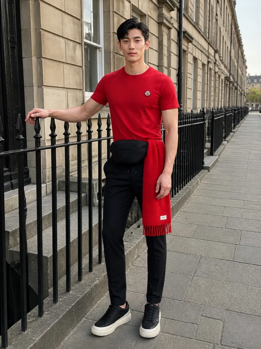 Moncler red tshirt black joggers sneakers